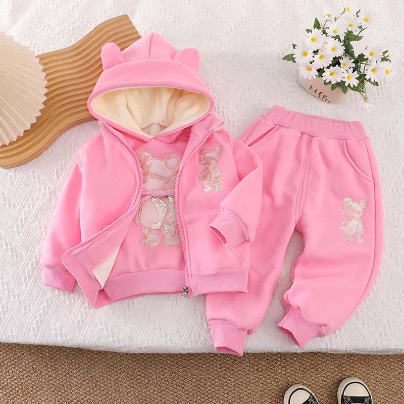 Girls' Fleece-Lined Set Winter 2025 New Style Vest Kids' Winter Outfit Thickened Hooded 3-Piece Clothing