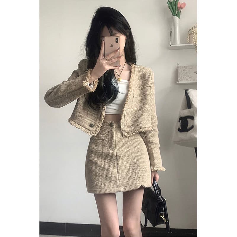Autumn New Set Small Fragrance Style Spicy Girl Design Sense Fringe V-neck Short Jacket Women High Waist Slim Skirt