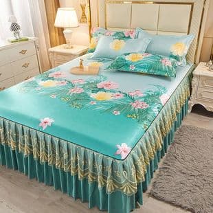 Summer Bed Skirt Ice Silk Mat Three-Piece Set with Lace Trim, Cool and Breathable Air Conditioning Mat, Foldable Soft Rattan Mat