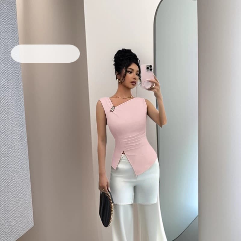Cross-border European and American style 2026 new slim-fit sleeveless T-shirt for women with metal decoration solid color design tops to look slim