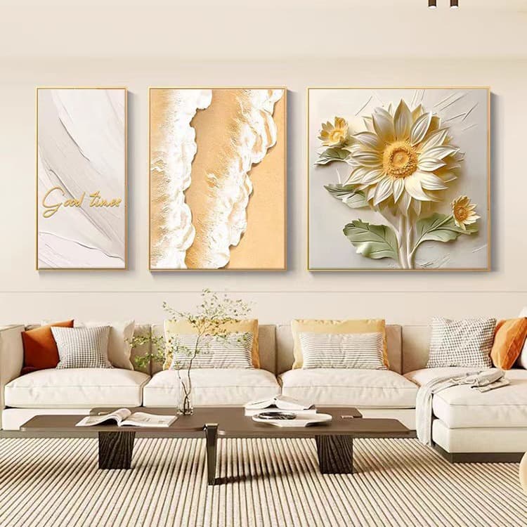 Cream style living room sofa decoration painting plant flowers high-end triptych texture tulip sunflower hanging painting