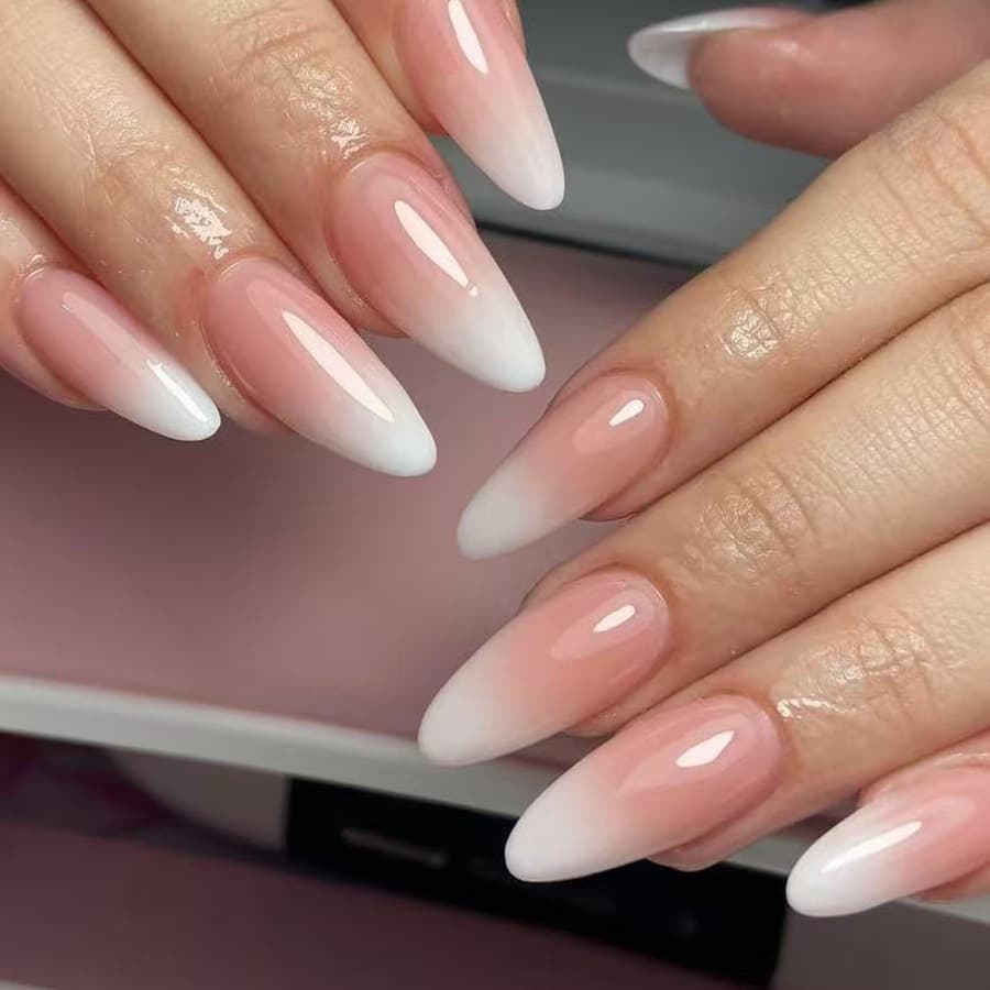 Glossy Almond Gradient Pink White Cross-Border European American Daily Simple Contrast Color Wearable Nails 24 Pieces