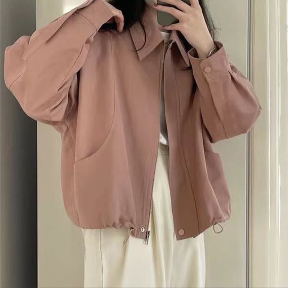 Spring coat 2025 new solid color lapel loose jacket women's new loose and versatile hem drawstring short coat