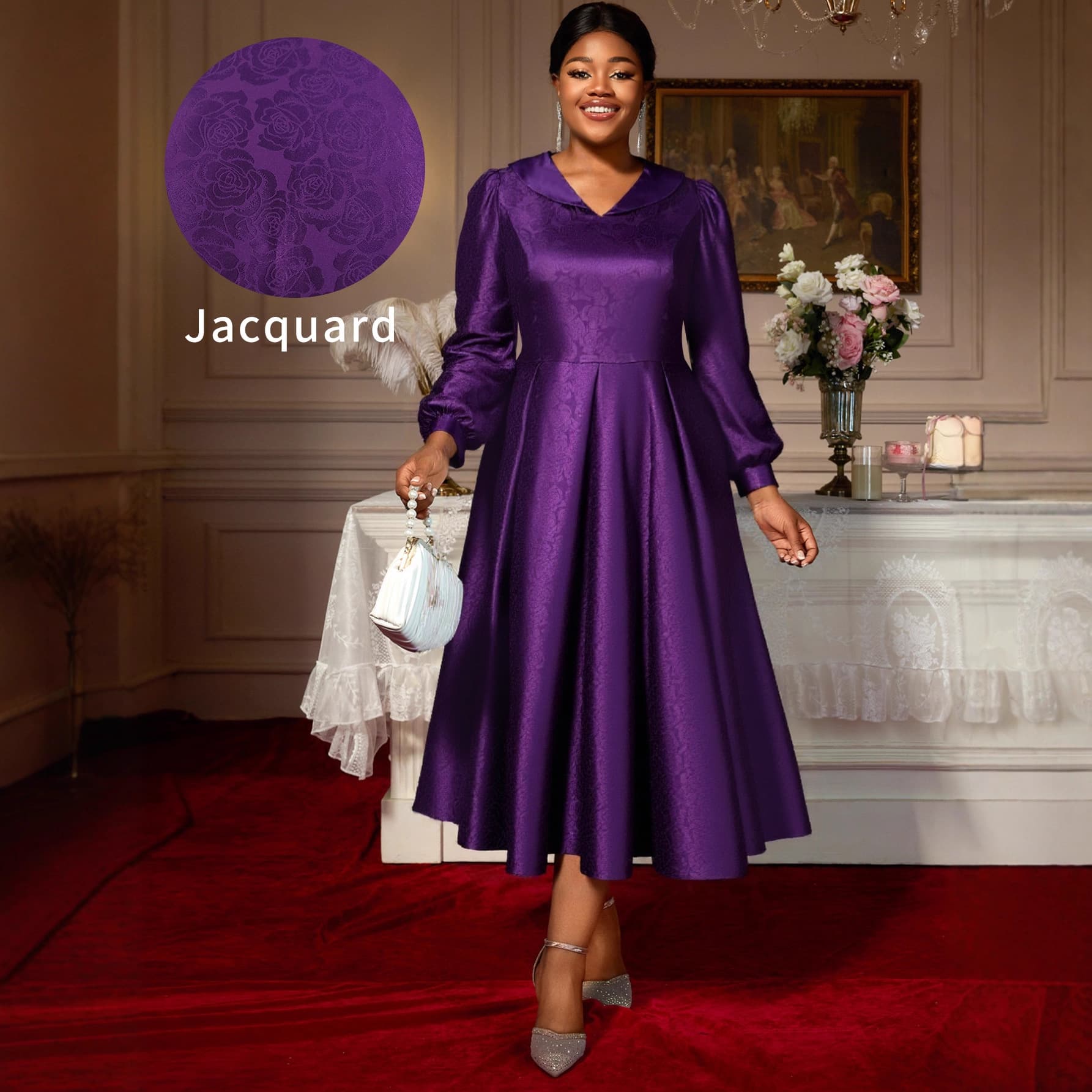 Plus Size Women's Turn-down Collar Satin Jacquard Lantern Long Sleeve A-line Fall Dress Dark Purple