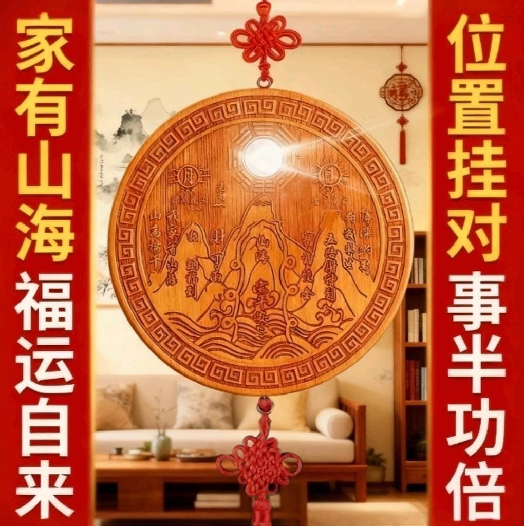 Peachwood Mountain and Sea Mirror Bagua Mirror Pendant Bagua Diagram Hanging Ornament Indoor Living Room Wooden Craft Peachwood Mountain and Sea