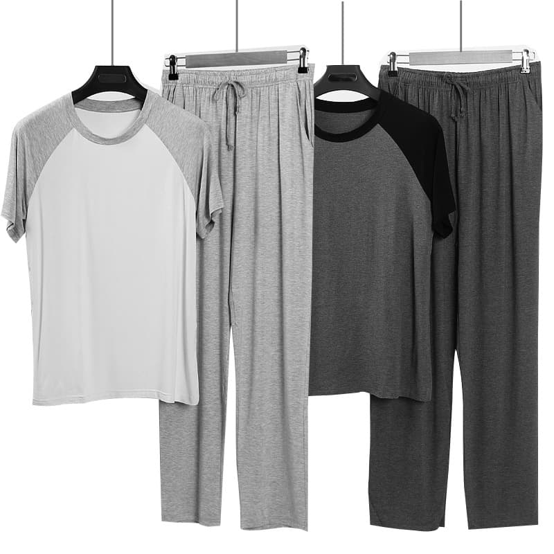 Modal Pajama Set for Men Summer Short Sleeve Long Pants Thin Home Wear Plus Size Loose Casual Wear Out