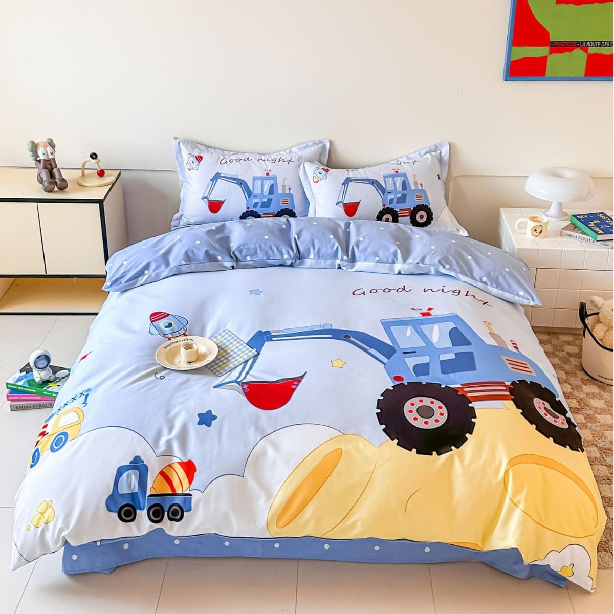 INS Excavator 100% Cotton 4-Piece Bedding Set, 60-Thread Count, Boys' Cartoon Design, Girls' Student Dorm, 100% Cotton Construction Vehicle