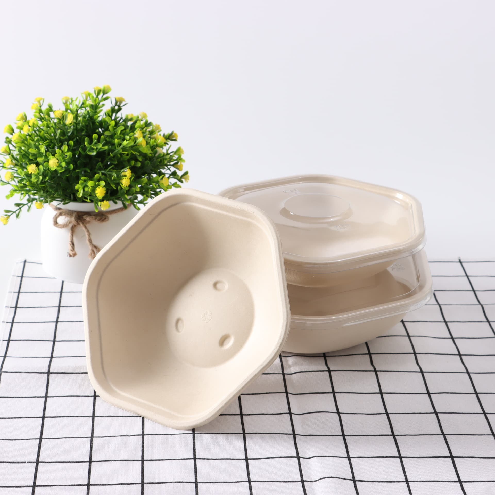 Disposable Pulp Hexagonal Paper Bowl, Takeaway Salad and Light Meal Bento Box, Biodegradable Takeaway Packaging
