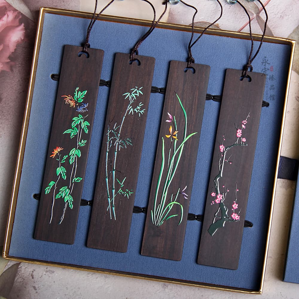 Painted Ebony Plum, Orchid, Bamboo, and Chrysanthemum Flower Bookmarks Traditional Classical Four Gentlemen Bookmarks Creative Four Seasons Gift Engraved
