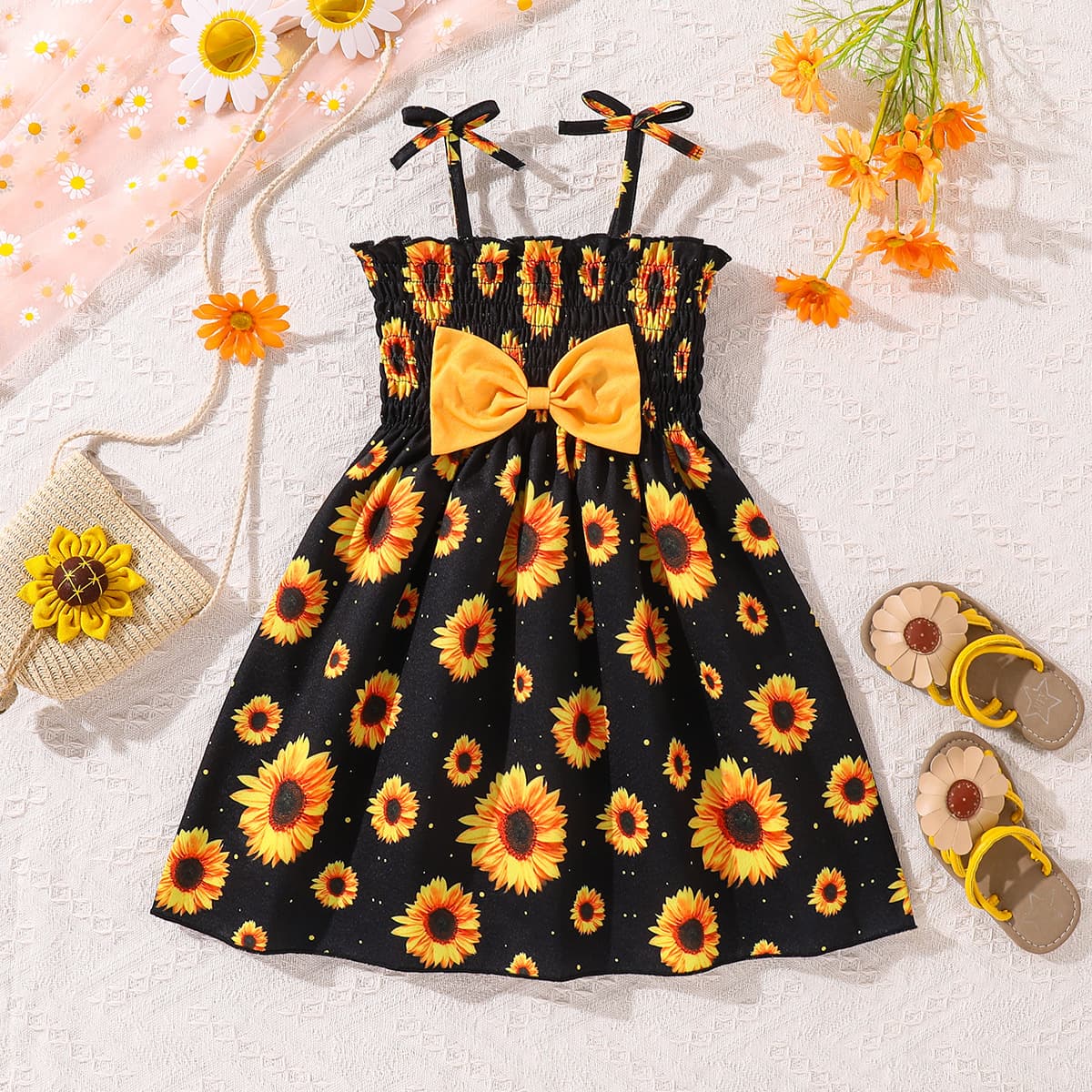 Girls' Outdoor Casual Vacation Sunflower Pattern Yellow Bow Ruffle Sleeveless Strap Dress