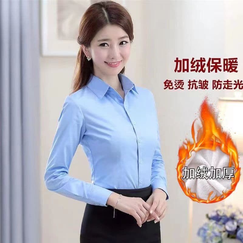 Autumn Winter Fleece-Lined Thickened Black Shirt Slim Fit Professional Blouse for Women Long Sleeve Workwear Hidden Button Shirt