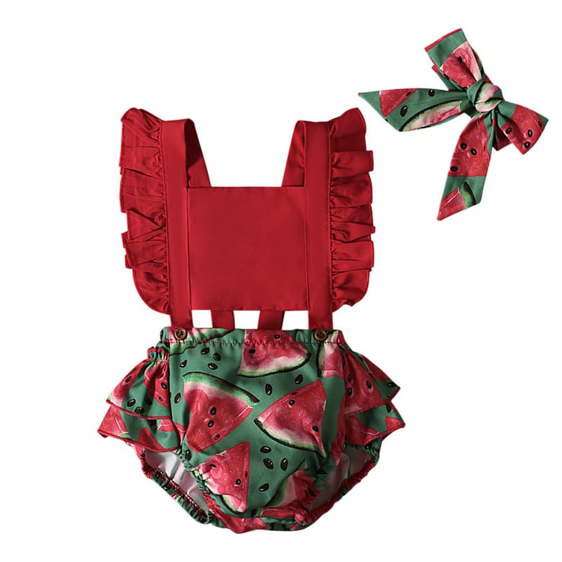 Girls European and American Summer Style Small Flutter Sleeve Red Backless Tie Bodysuit Watermelon Print Romper