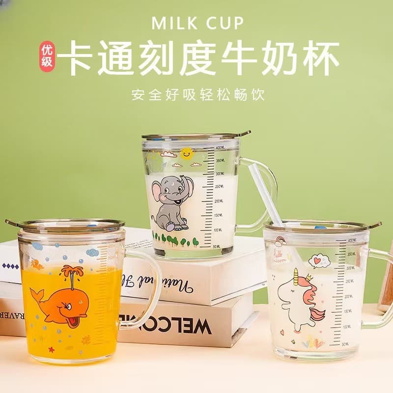 Cartoon Graduated Milk Cup with Straw, Creative Gift Glass Cup with Handle, Breakfast Cup, Coffee Cup