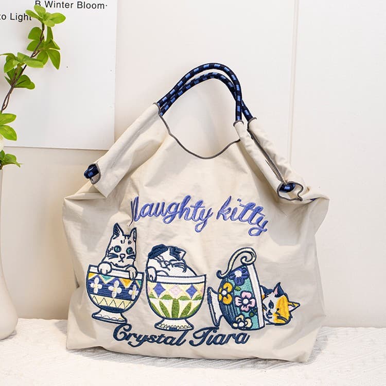 Waterproof Nylon Embroidered Women's Shoulder Bag Crossbody Tote Bag Handbag Soft Shape Mobile Phone Pocket Interior Structure