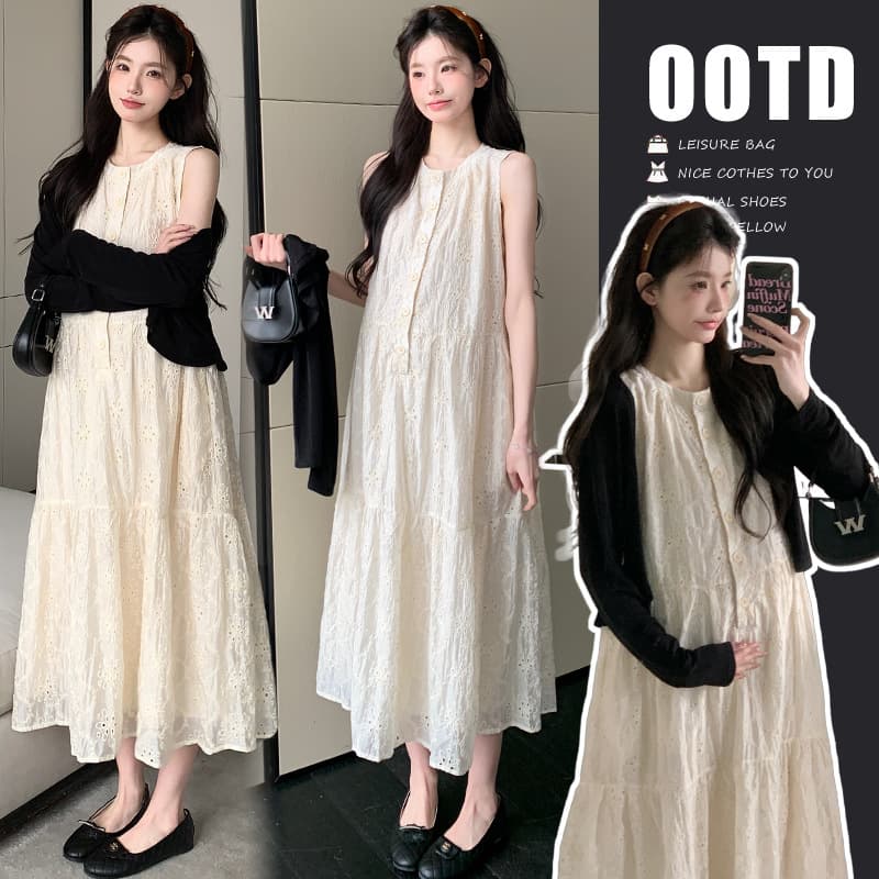 Maternity 2025 Summer New Sweet Lace Hollow Korean-style dress Sunscreen Cardigan Two-piece Suit