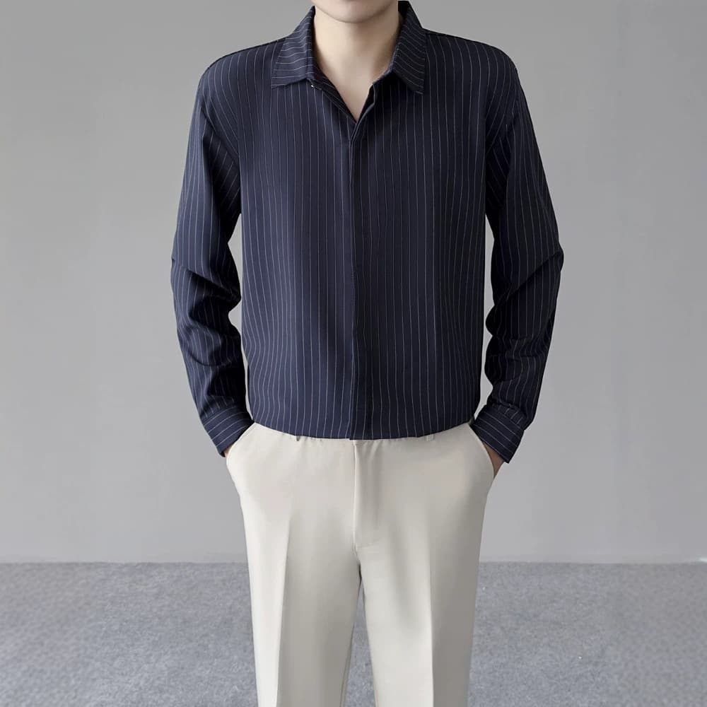 Spring Summer Light Mature Casual Top Men's Fine Vertical Striped Long Sleeve Shirt Slimming Commute Light Business Shirt
