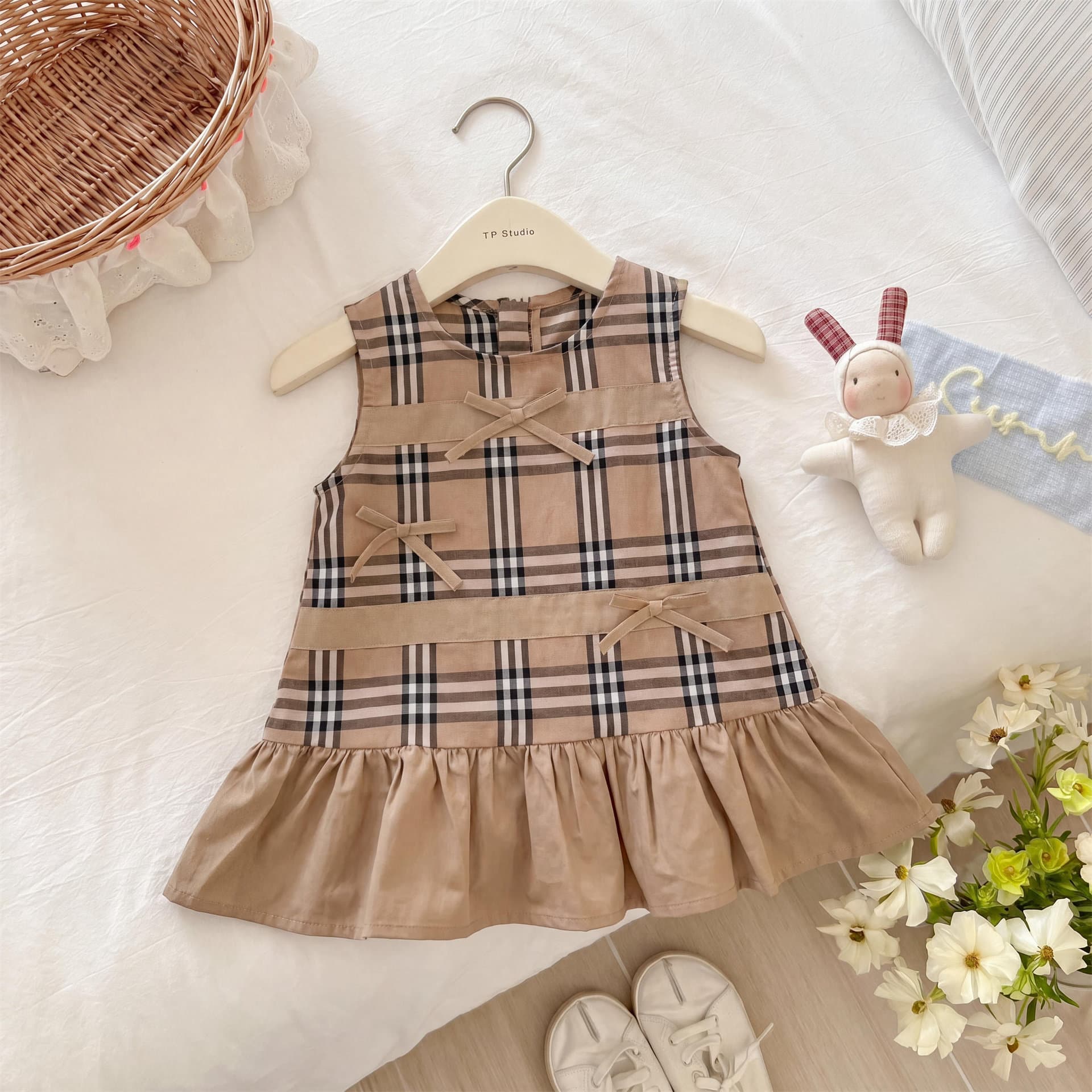 timo Girls Summer Kids Brown Old Money Series! Classic Plaid Bow School Style for Little Girls