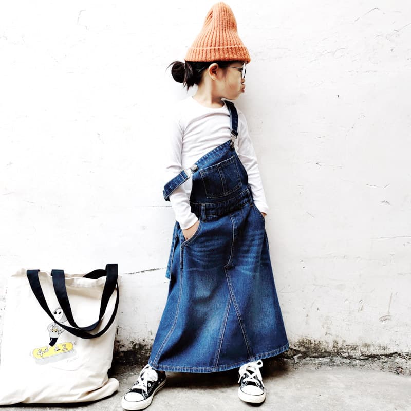ANKRT Spring/Summer/Autumn Parent-Child Outfit Japanese Style Loose Long Denim Overall Dress Girls' Retro Dress Children's A-line Skirt
