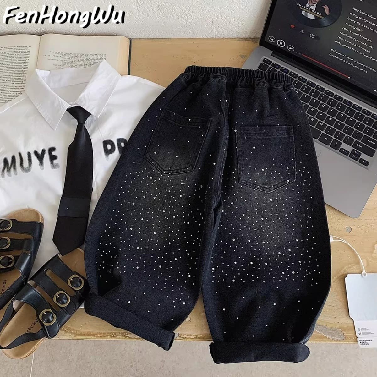 [Pink House] Starry Sky Pants for Boys, Big Kids, Fleece-Lined Jeans, Winter Hot-Selling Curved Pants, Black Accessories