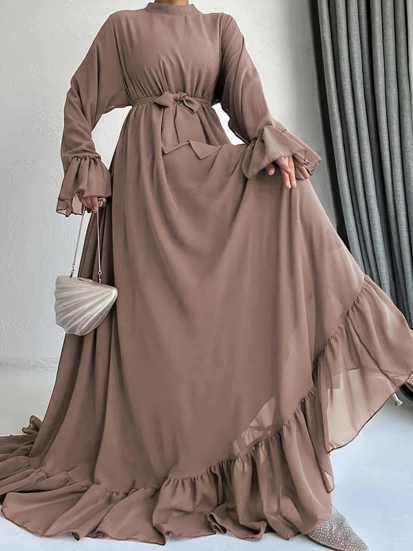 T 93605 Long Belted Chiffon Dress