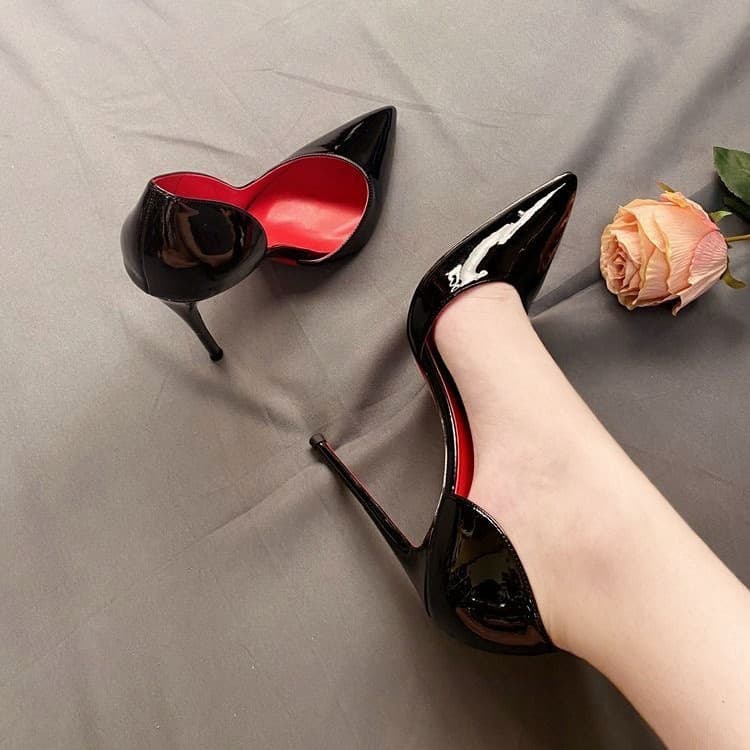2024 Spring Patent Leather Black Red Sole Stiletto Pointed-Toe High Heels Sexy Niche Elegant 10cm Side-Cutout Pumps for Women
