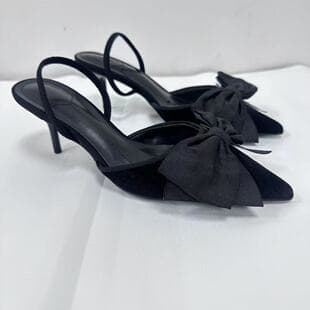 Summer New Women's Shoes Black Bow Decoration Mules High Heel Hollow Pointed Toe Sandals