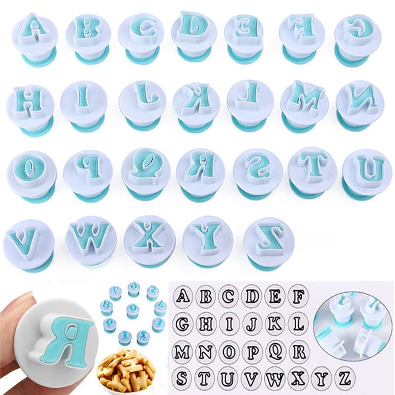 26PCS Upper and Lower Case Letter Number Cookie Spring Press Mold Fondant Cake Stamp Embosser Baking Tool