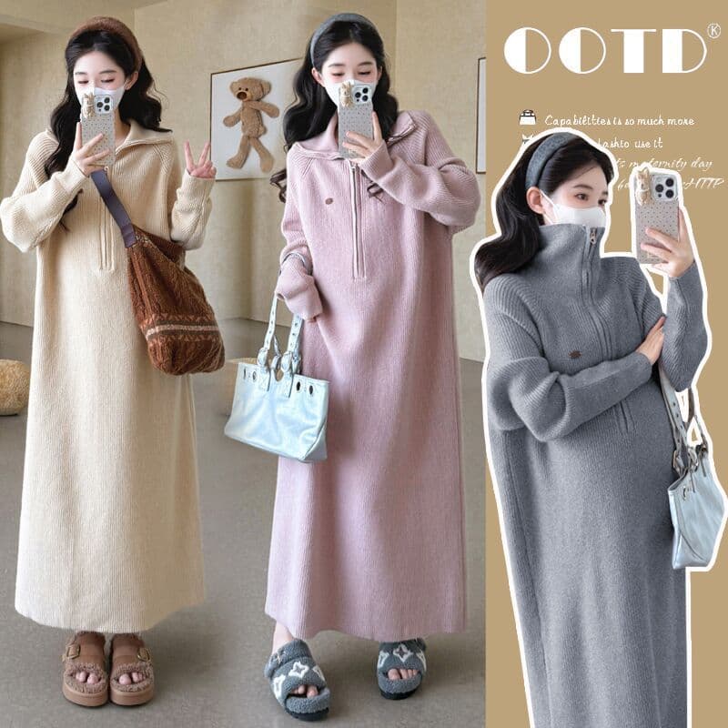 Maternity Wear 2025 Autumn Knit Long Dress Korean Version Fashion Large Size Trendy Mom Loose Mid-Length Dress