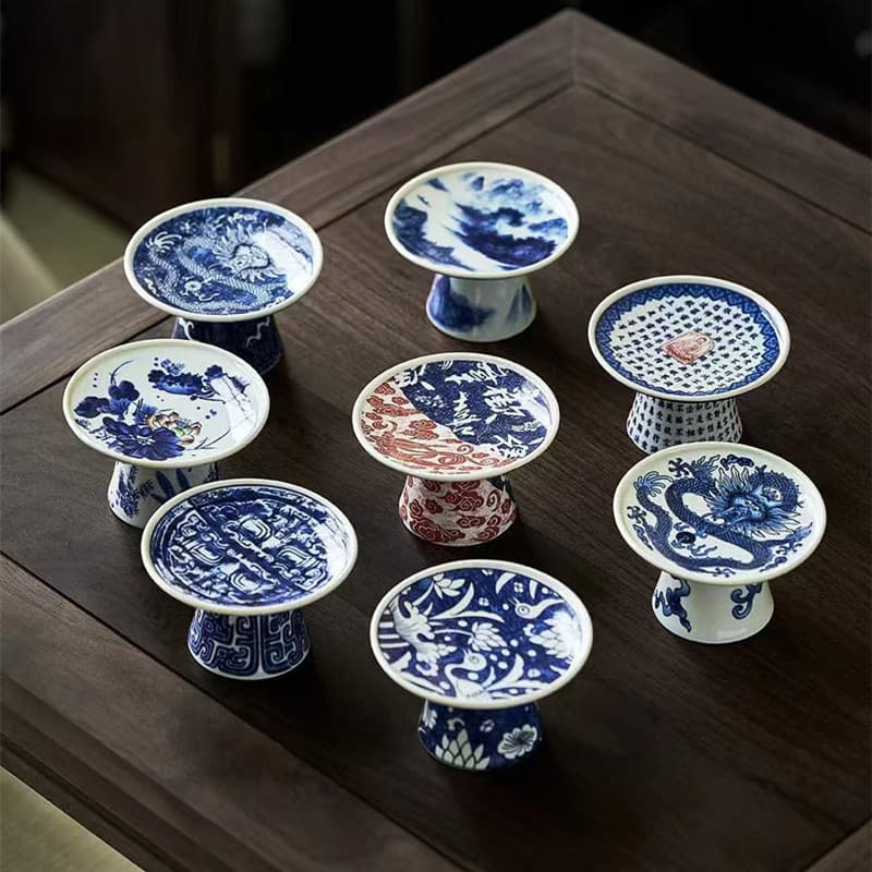 Retro Blue and White Dragon Pattern Lid Rest, Yixing Teapot Lid Holder, Covered Bowl Lid Cushion, Gongfu Tea Set Accessory
