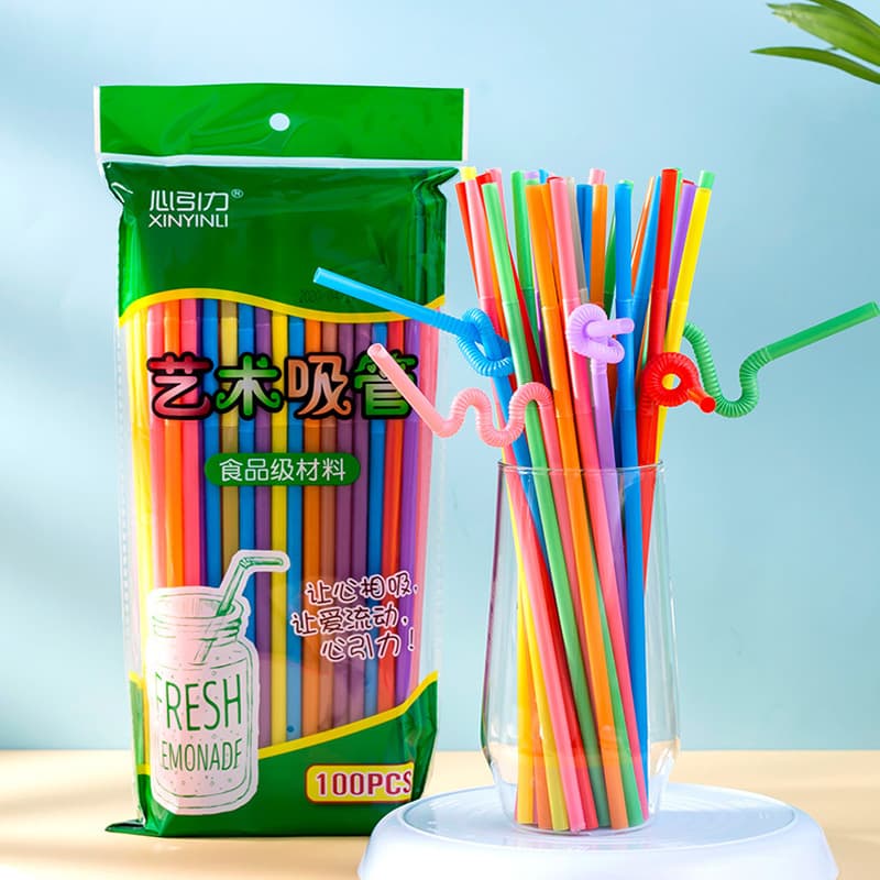 Disposable independent packaging art long straw single curved color food grade beverage milk tea juice straw