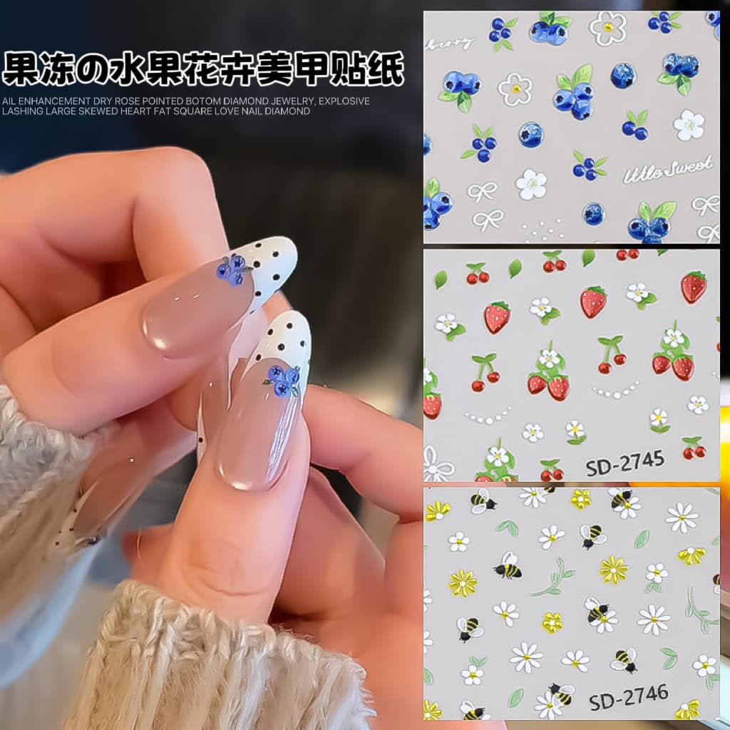 Mini fruit jelly manicure stickers cross-border new strawberry lemon persimmon blueberry hawthorn fingertip decoration