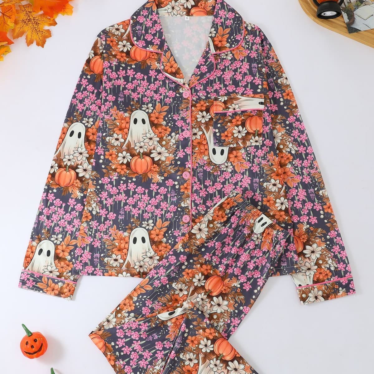 Women's Pajama Set with Printed Notched Collar Long Sleeve Long Pants Loungewear Summer Sleepwear