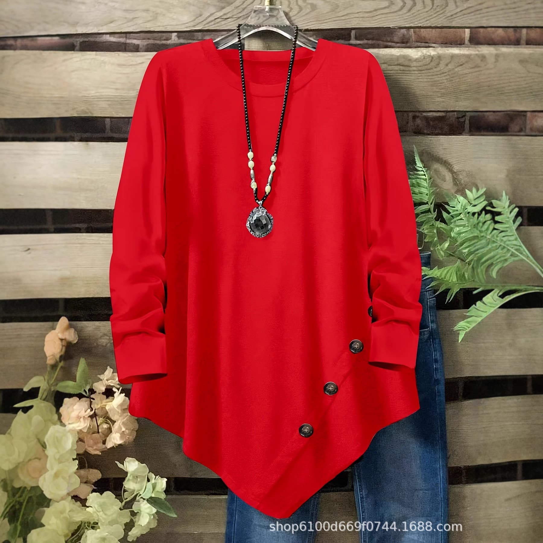 Autumn/Winter Cross-Border European and American Independent Amazon Plus Size Solid Color Long Sleeve T-Shirt - Irregular Hem with Button Decoration