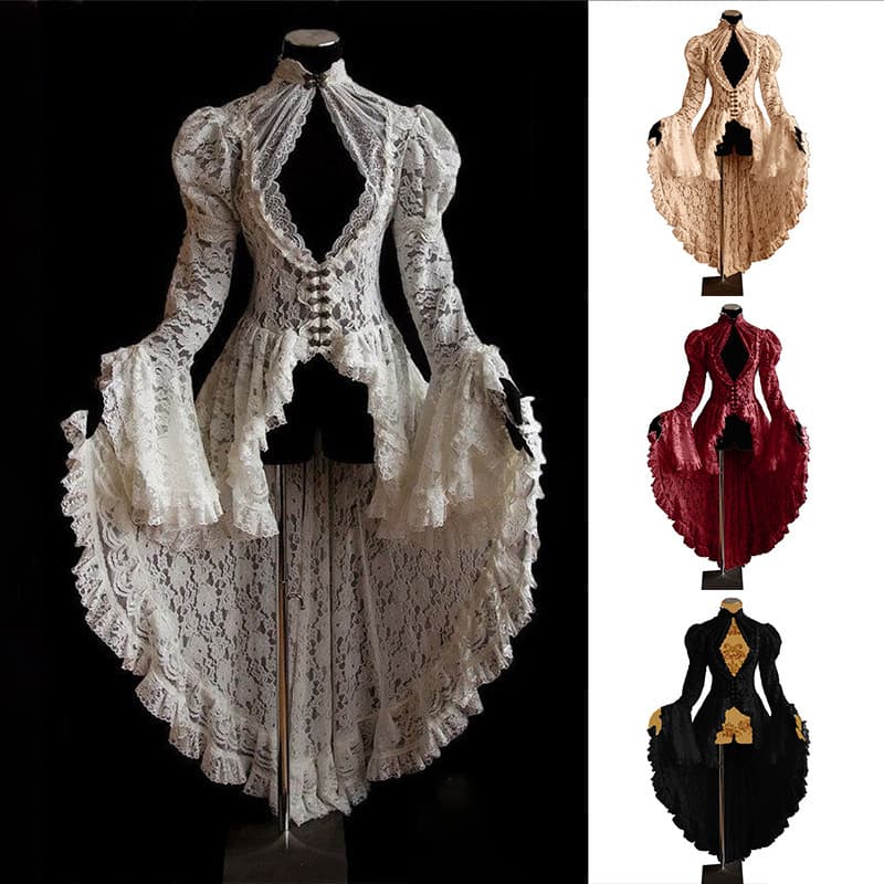 Cross-border Trade European and American Retro Lace Patchwork Stand Collar Dress Flare Sleeves Slim Fit Sheer Tail Skirt MI1835