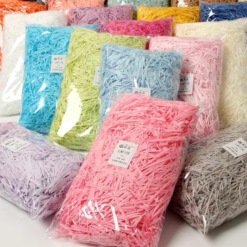 Factory wholesale raffia paper shreds, bulk quantities 10g, 20g, 50g, candy box filling shreds, in stock.
