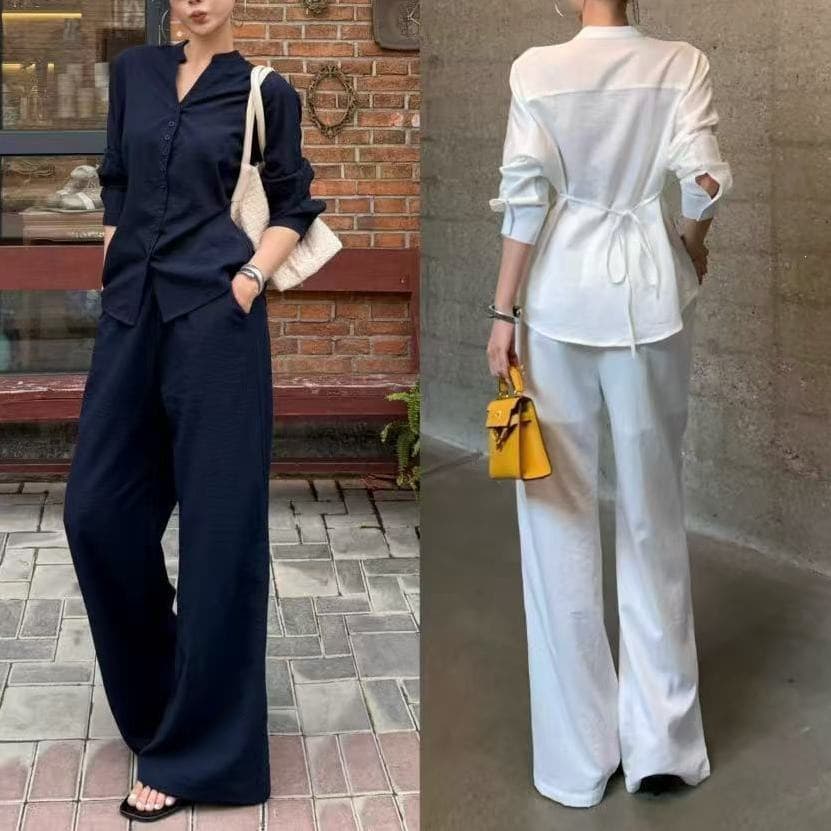 Lazy Chic Old Money Style Set: Elegant Fashionable Long-Sleeve Shirt, Slimming High-Waist Tie Casual Pants, Two-Piece Set