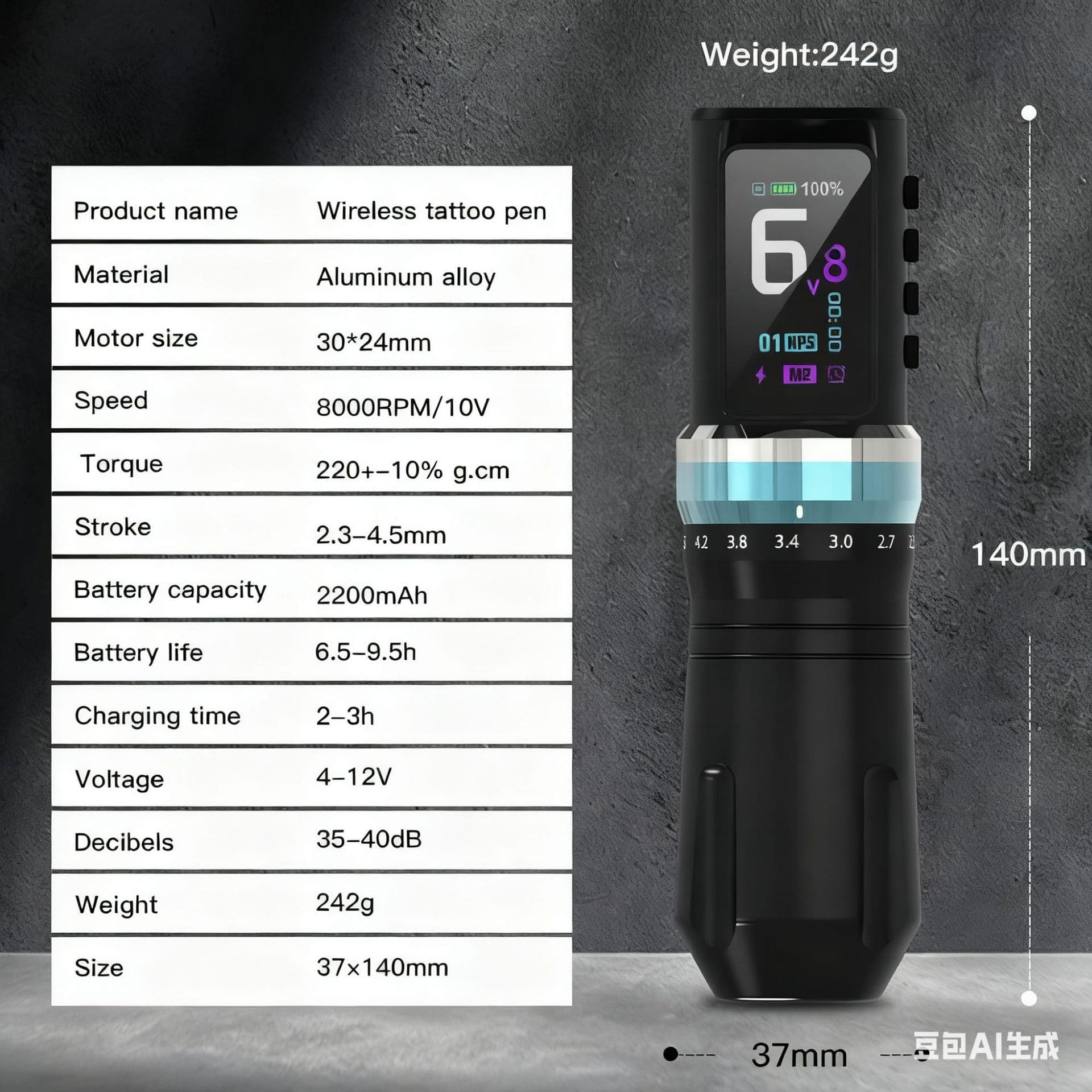 Wireless Tattoo Pen with Power Supply, Dual Battery Tattoo Machine, All-in-One Adjustable Stroke Tattoo Machine