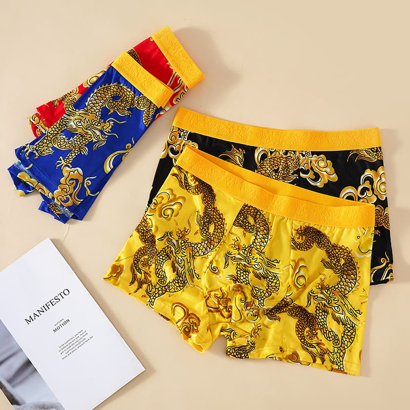 Soft Skin-Friendly Men's Underwear with Golden Waist Belt Dragon Year Design Breathable Comfortable Homewear Briefs