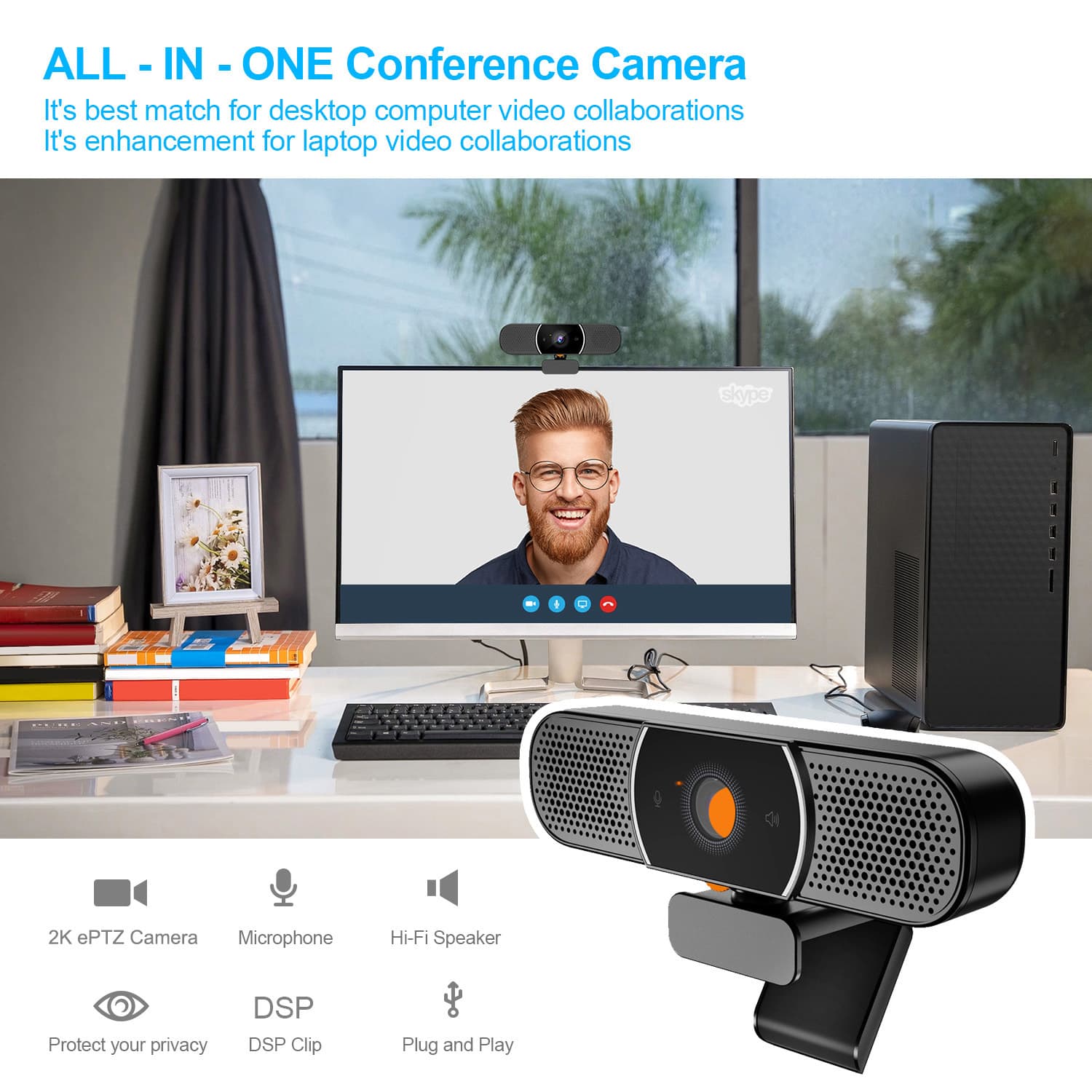 2K camera, DSP high-definition network video conferencing all-in-one machine, noise-canceling microphone, speaker.