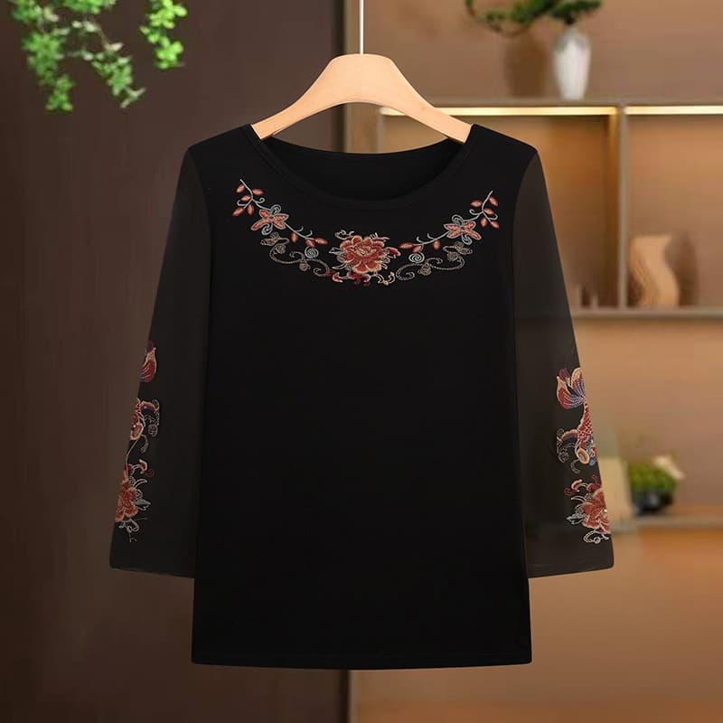 Spring embroidered mother's top for women aged 40-60, thin spring and autumn base layer.