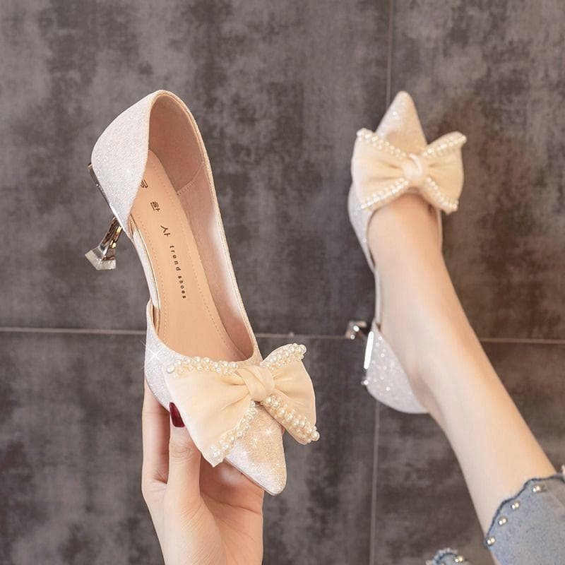Women's High Heels 2023 New Spring Autumn Korean Style Hollow French Girl Pointed Toe Pearl Bow Thin Heel Shoes