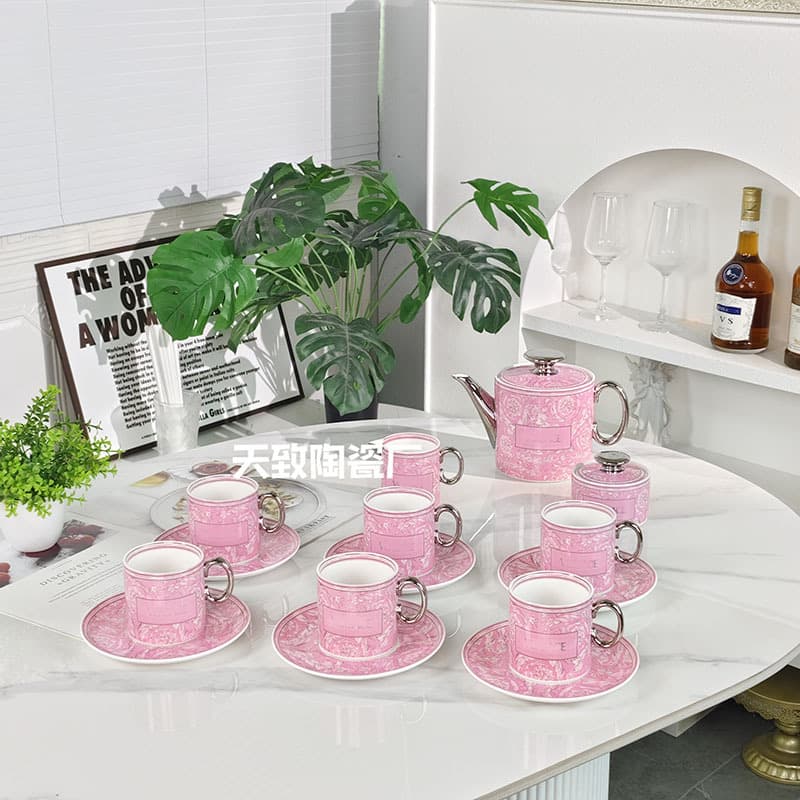 Cross-border European Baroque Pink Bone China 15-Piece Coffee Cup, Saucer, and Teapot Set - Fashionable and Exquisite Pink Coffee Set for Gifting