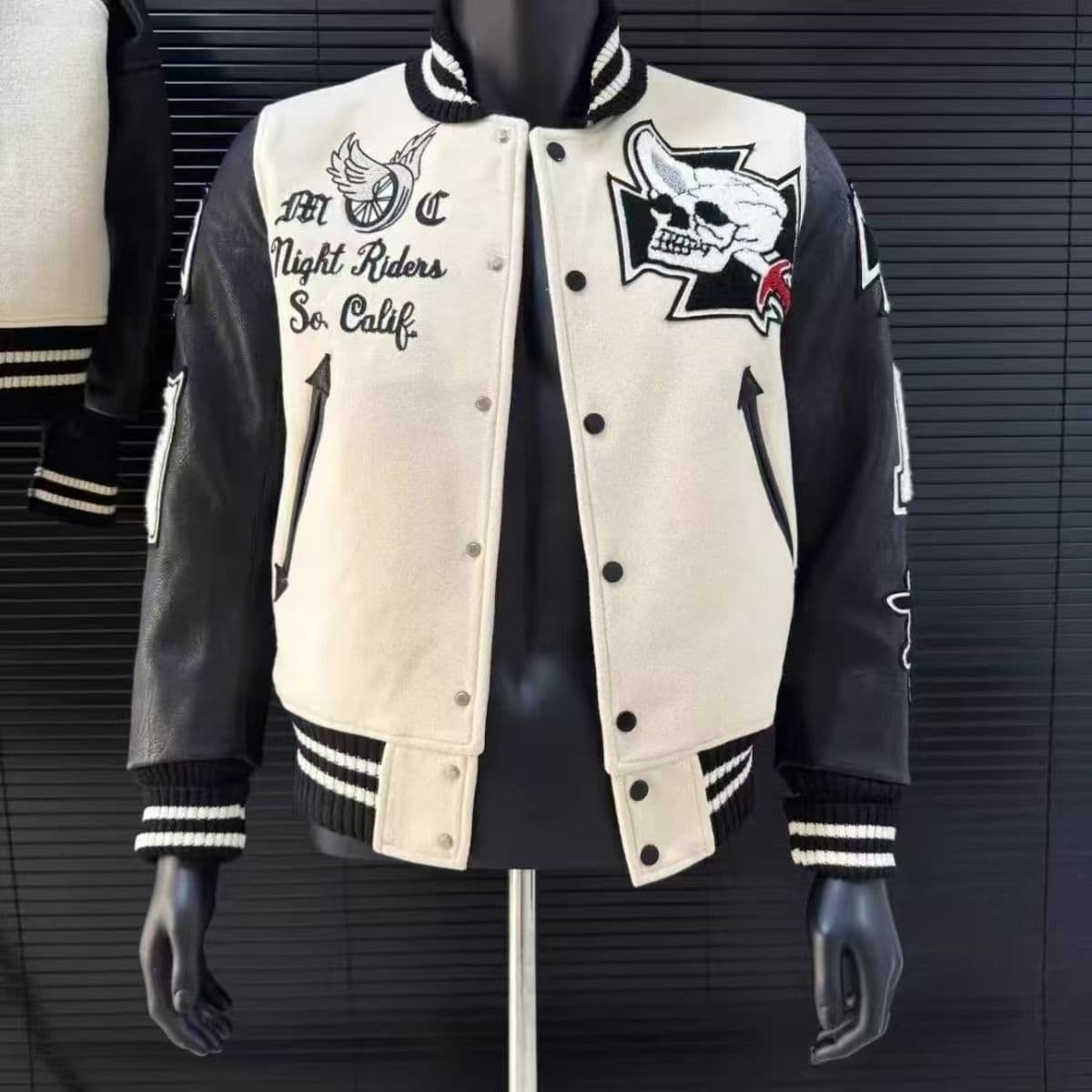 American Cross-Border Skull Knight Baseball Jacket Cleanf Style Slim Fit Stand-Up Collar Leather Patch Short Outerwear Jacket