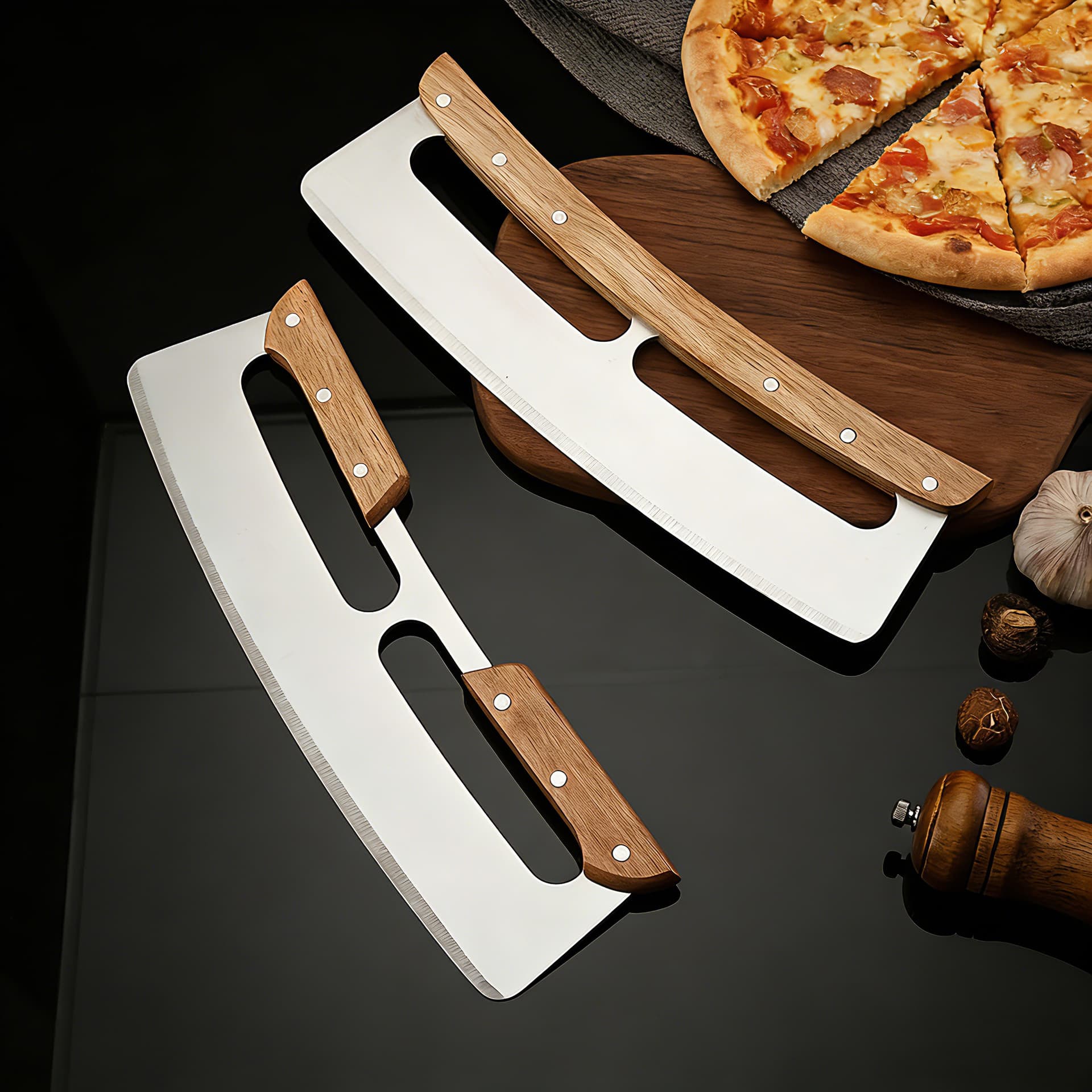 Stainless Steel Half-Circle Pizza Rocker Knife Long Multifunctional Baking Cutter Bread Pizza Knife Kitchen Multi-Purpose Tool