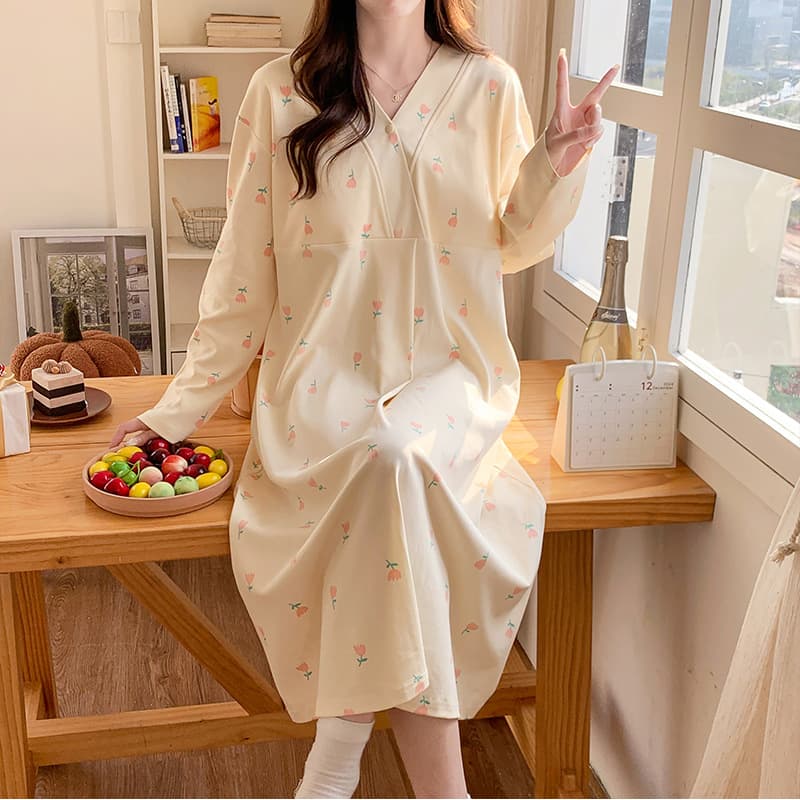 Plus Size 200 Jin Maternity Hospital Gown for Pregnant Women, Spring/Autumn Nursing Nightgown with Built-in Bra, Postpartum Recovery Dress