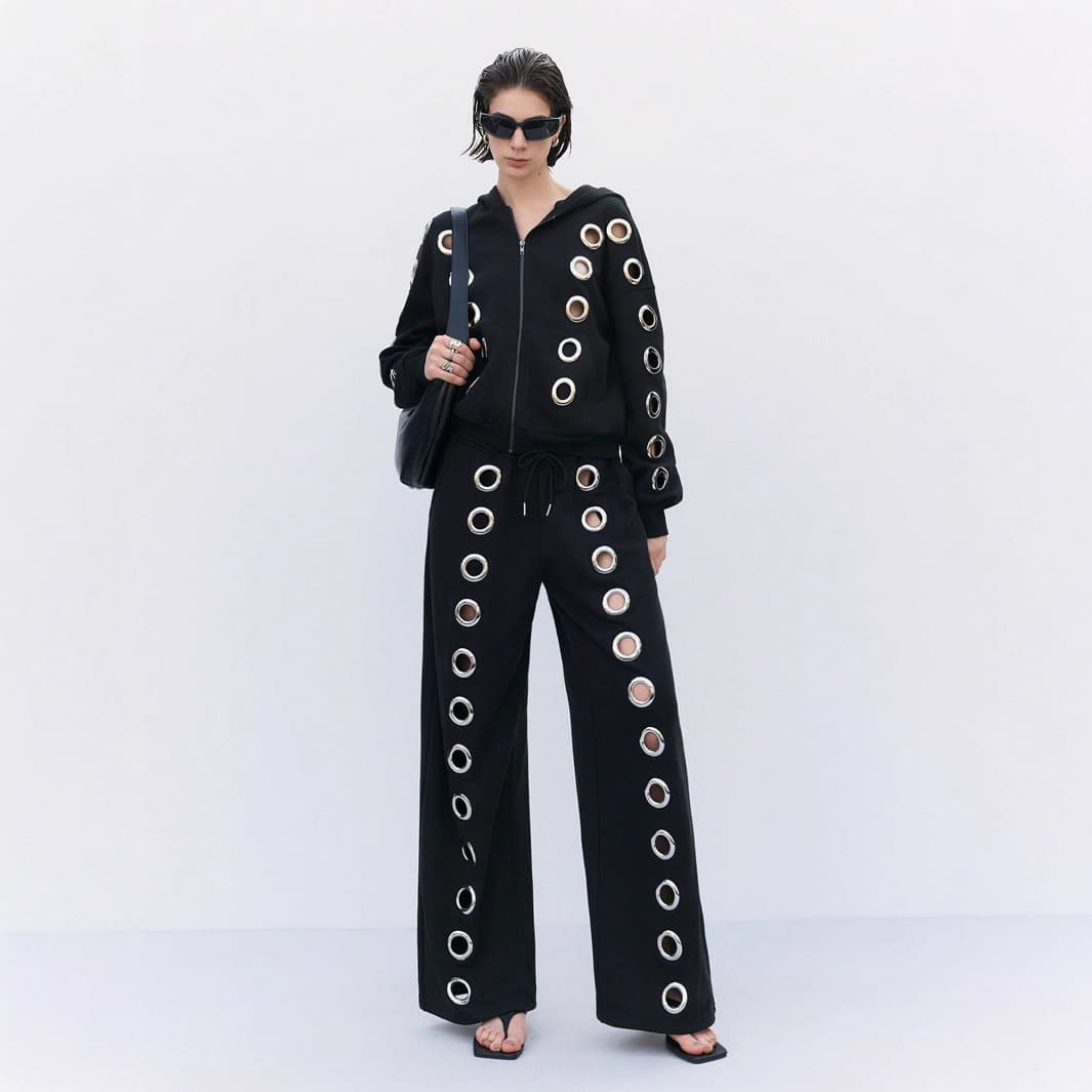Y2K Western Cross-Border Trendy Metal Ring Women's Loose Straight Wide-Leg Pants Beaded Fashion Trousers Wholesale