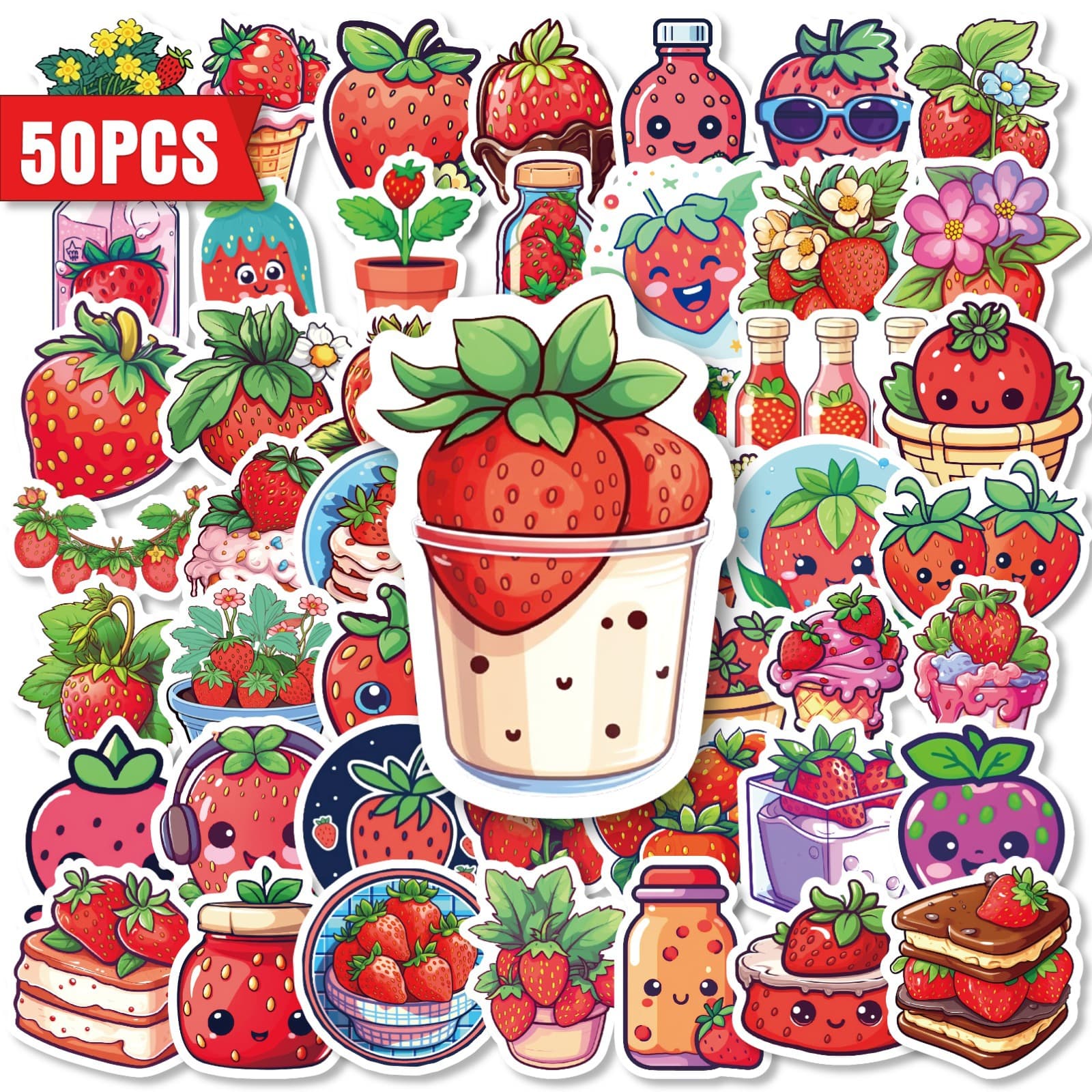 50 Cross-border Direct Sourcing Red Heart Strawberry Stickers, Girly Cute Strawberry Dessert Cartoon Fruit Stickers
