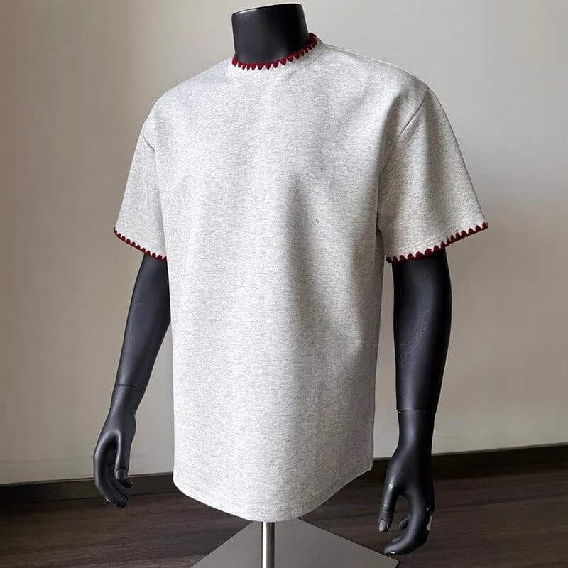 American Retro Embroidered Edge Regular Shoulder Short Sleeve T-Shirt Men's Summer Heavyweight Streetwear Loose Casual Versatile Half Sleeve