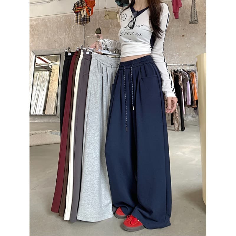 Versatile Drawstring Casual Jogger Pants for Women, Early Fall New Arrival, High-Waisted Straight-Leg Loose Fit Trousers with Flowing Fabric, Slimming Effect