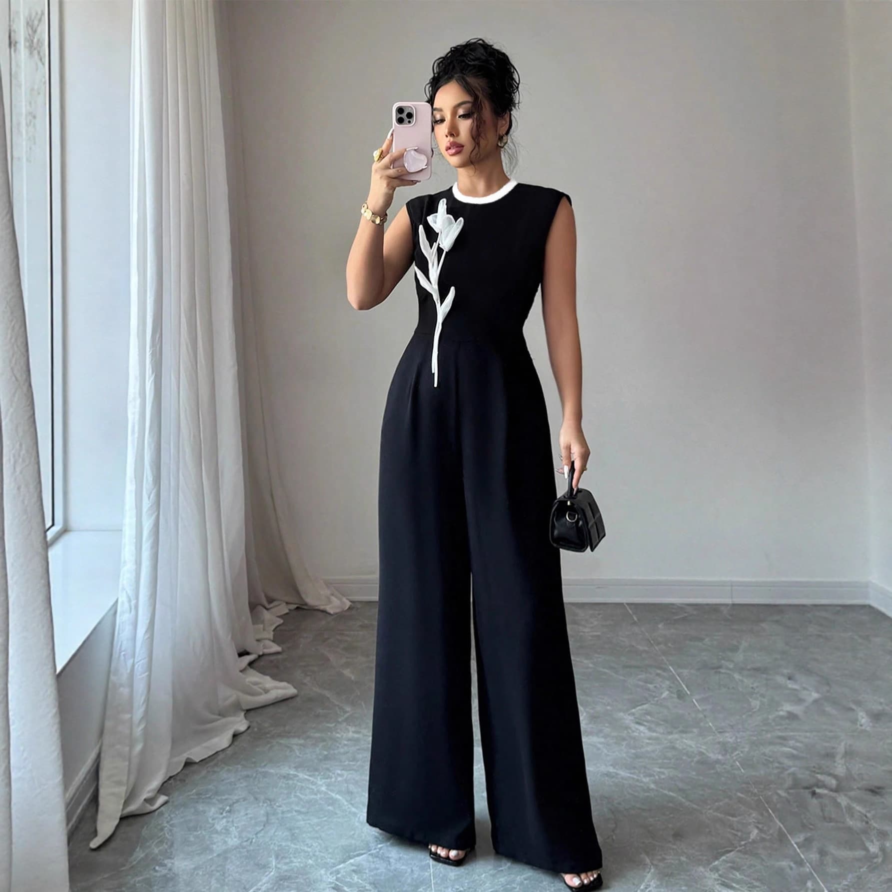 Cross-border European and American Women's Fashion 2025 Spring/Summer Elegant Embroidered Black Round Neck Sleeveless Wide-Leg Jumpsuit